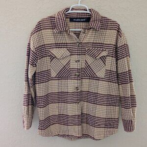 Studio Park Shacket Plaid Flannel Warm Oversized Button Up Shirt